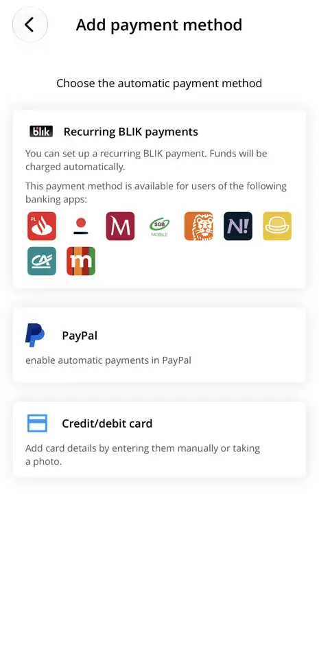 Selecting an automatic payment method in the Autopay app – BLIK recurring payments