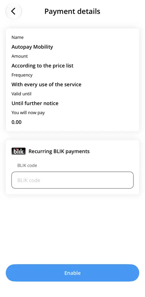Payment details and the BLIK code field in the Autopay app