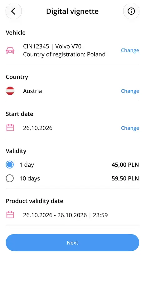 Selecting the start date and duration of a vignette for Austria in the Autopay app