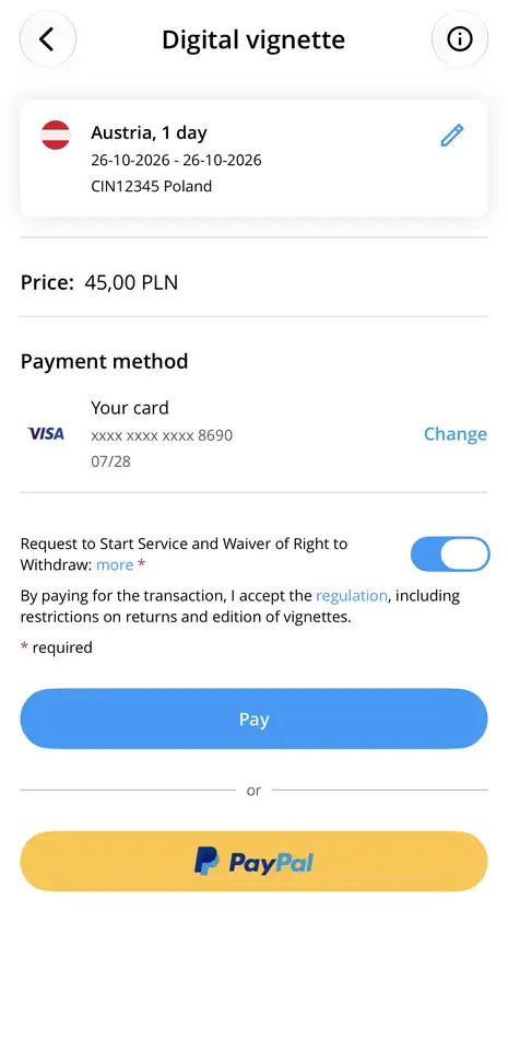 Order summary and payment for a vignette for Austria