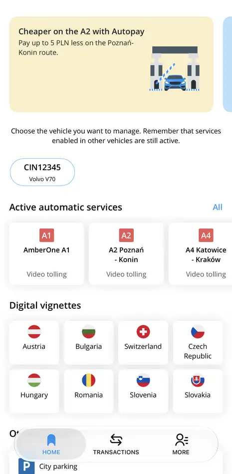 The Autopay app’s home screen – selecting a country in the ‘Electronic vignettes’ section