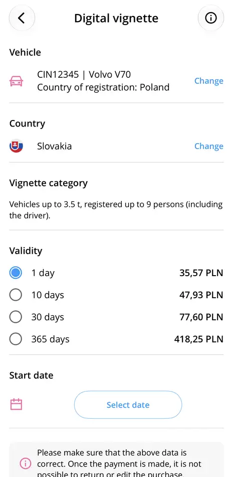 Selecting the category and validity period of a vignette for Slovakia in the Autopay app
