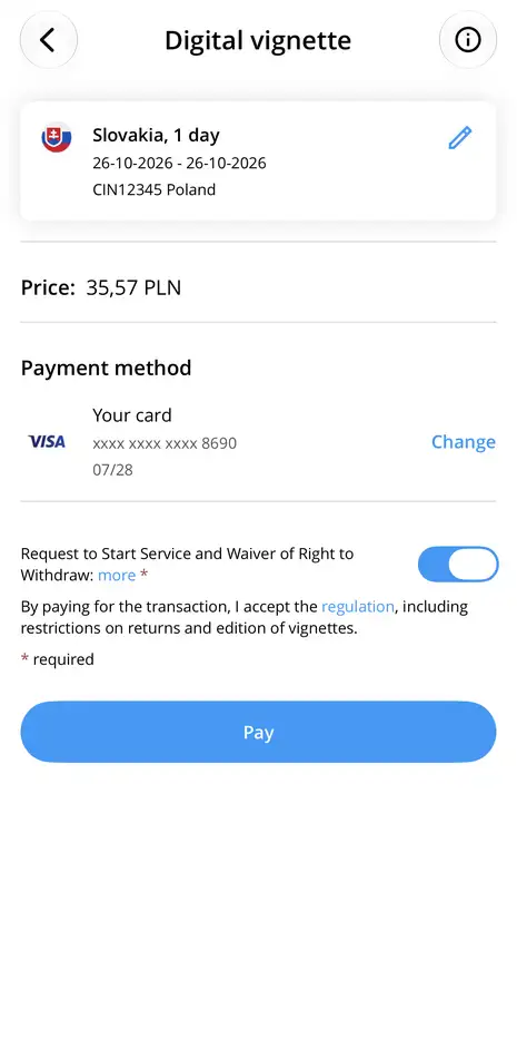 Order summary and payment for a vignette for Slovakia