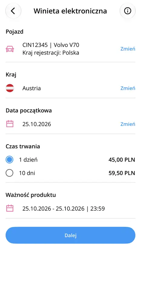 Wybór daty początkowej i czasu trwania winiety do Austrii w aplikacji Autopay