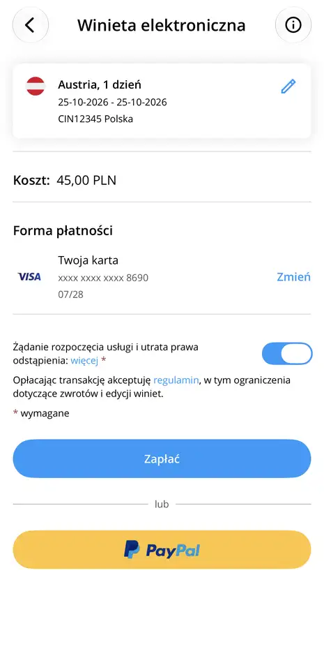 Podsumowanie zamówienia i płatność za winietę do Austrii