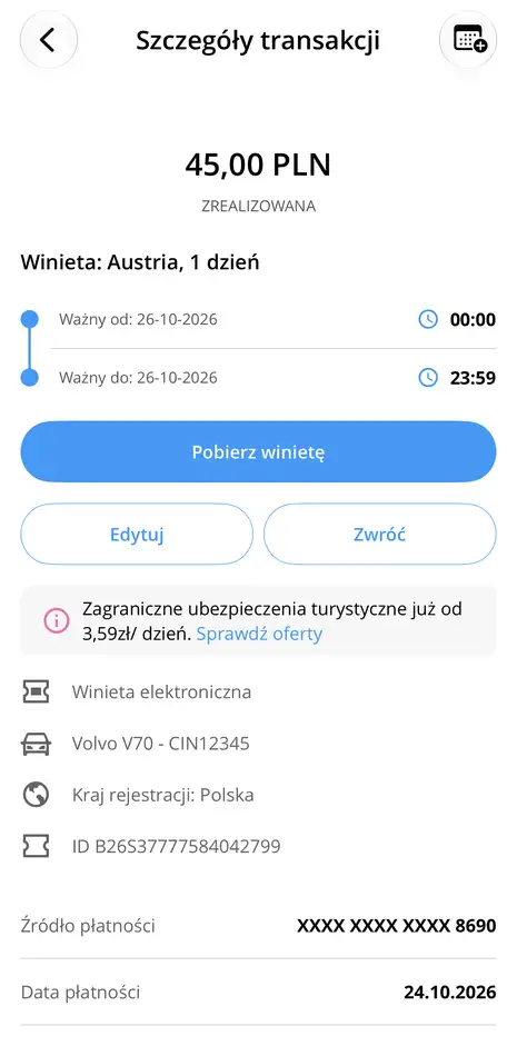 Szczegóły transakcji z przyciskiem „Pobierz winietę”