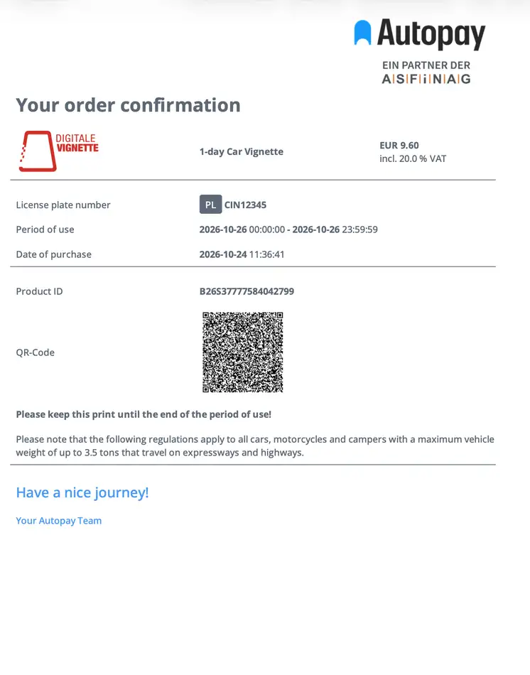 Potwierdzenie zakupu e-winiety do Austrii w PDF z numerem rejestracyjnym, okresem ważności i kodem QR