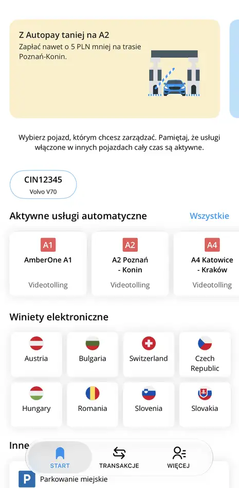 Ekran główny aplikacji Autopay – wybór kraju w sekcji „Winiety elektroniczne”