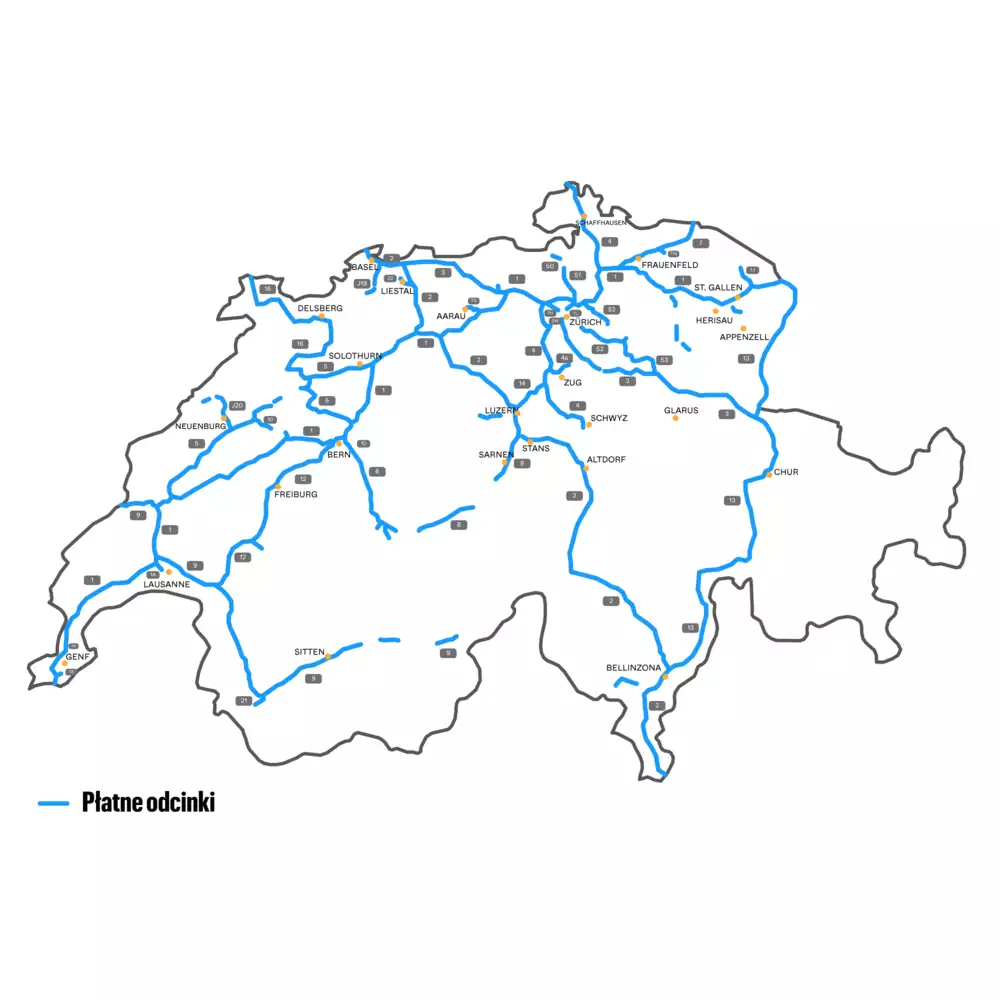 Mapa płatnych odcinków w Szwajcarii