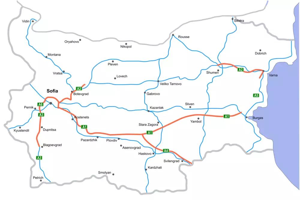 Mapa autostrad i dróg krajowych w Bułgarii